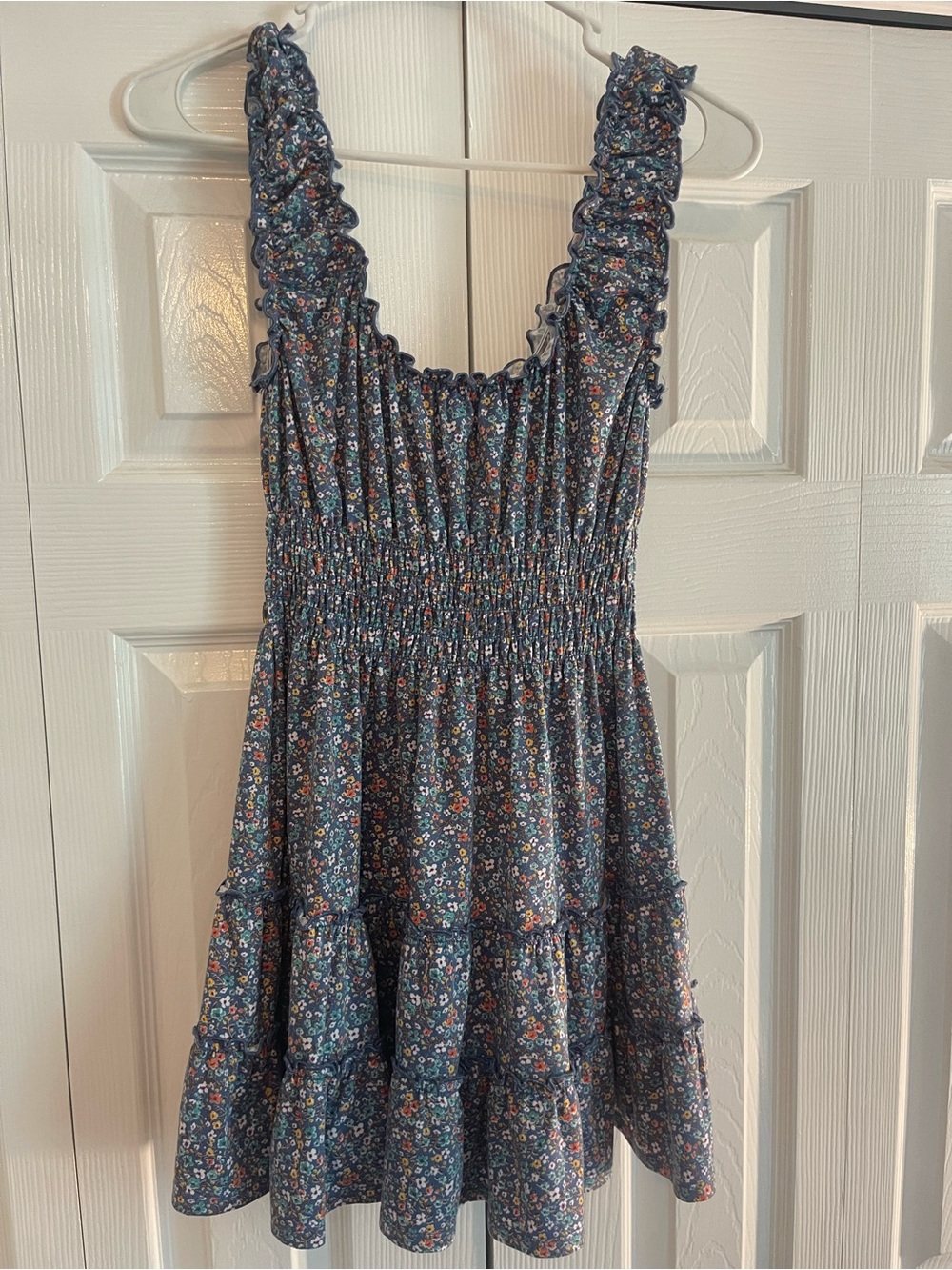 Blue Floral Ruffle Strap Dress